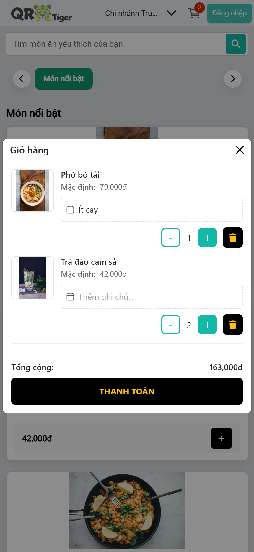 Ảnh chụp giỏ hàng khách hàng trong QR Tiger X